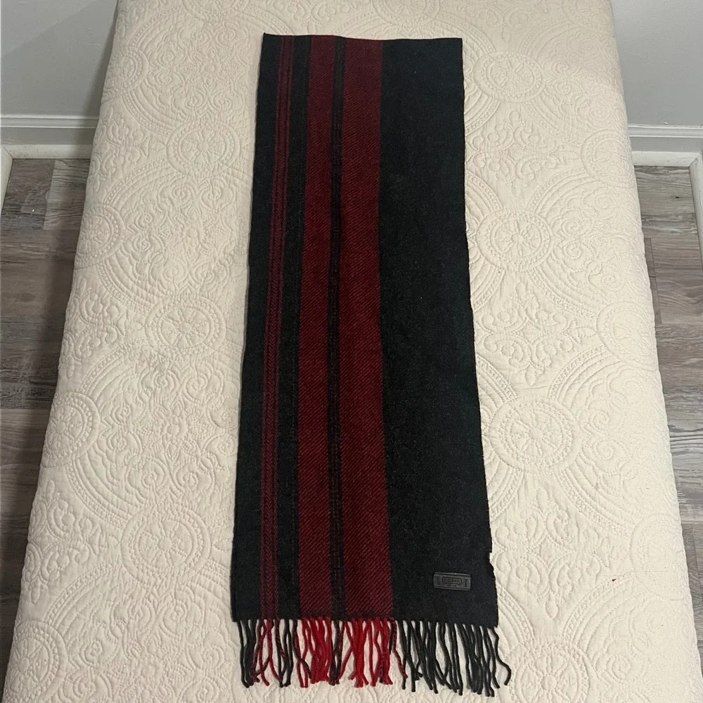 Coach Scarf‎ 100% Wool Knit Red Black Striped Preppy Fringe Logo Patch *FLAW